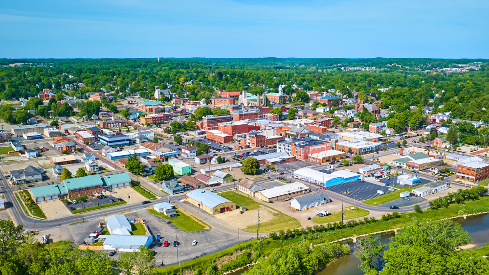 Overhead shot of a rural community, served by a Critical Access Hospital