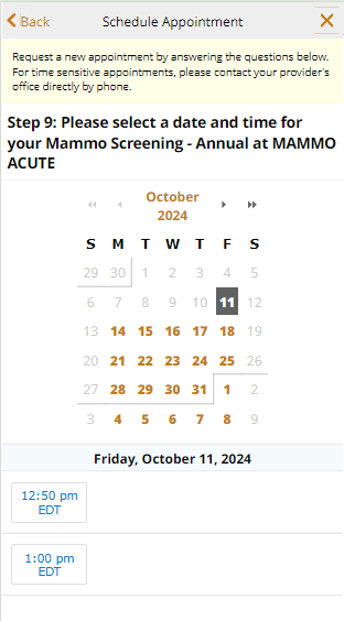 mobile screenshot of self scheduling a mammogram appointment