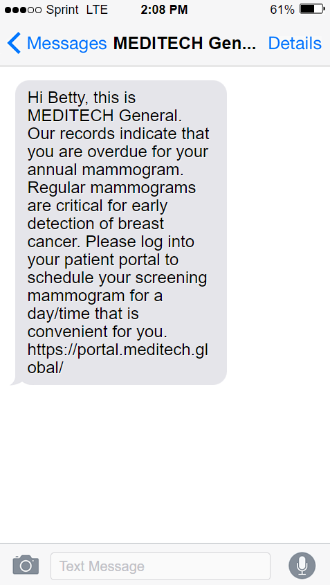 mobile screenshot of a text message with portal link