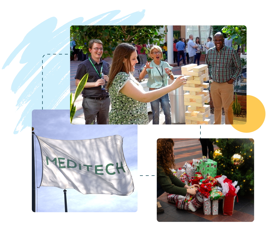 Collage: MEDITECH employees playing a game, a waving MEDITECH flag, and gifts to be donated.