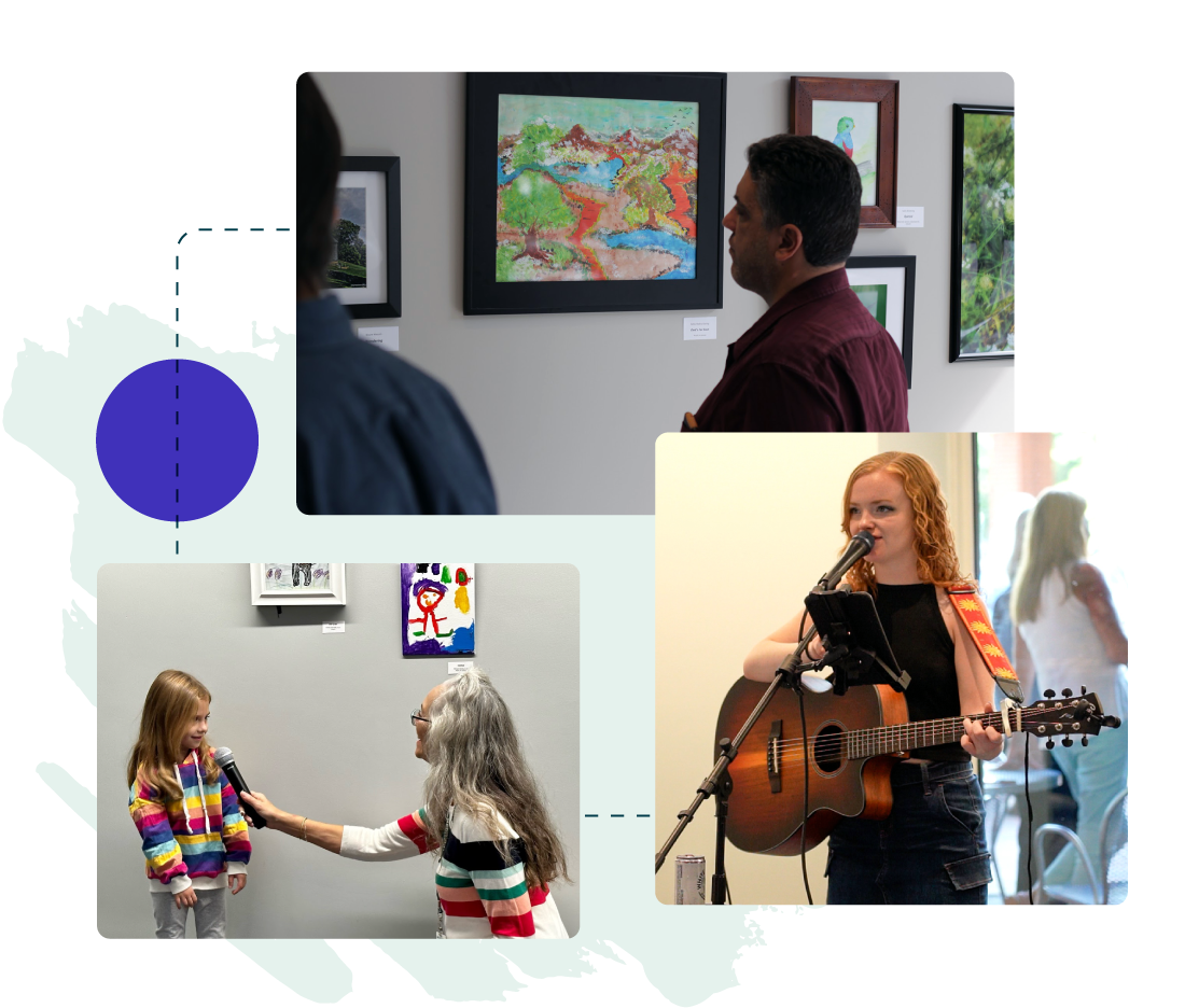 Collage: Employees looking at local artwork, a woman singing and playing guitar, and a children's art show.