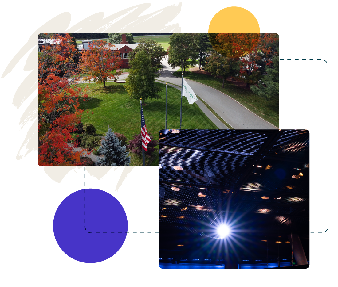 Collage: MEDITECH Canton front lawn and the lighting sources in the Foxboro auditorium