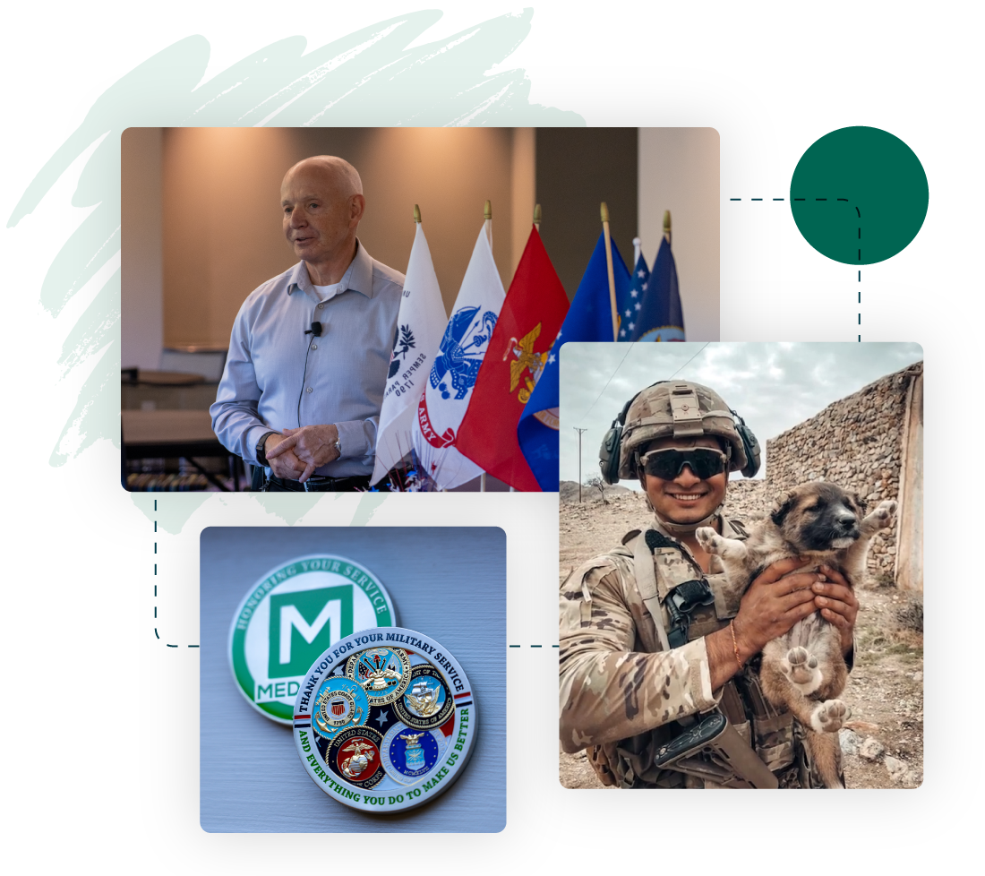 Collage: Active duty and veteran MEDITECH employees and challenge coins