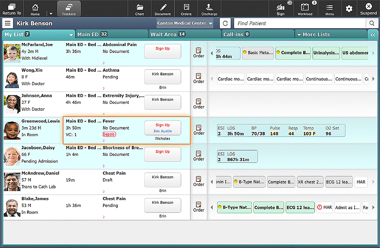 MEDITECH ED patient tracker screen shot