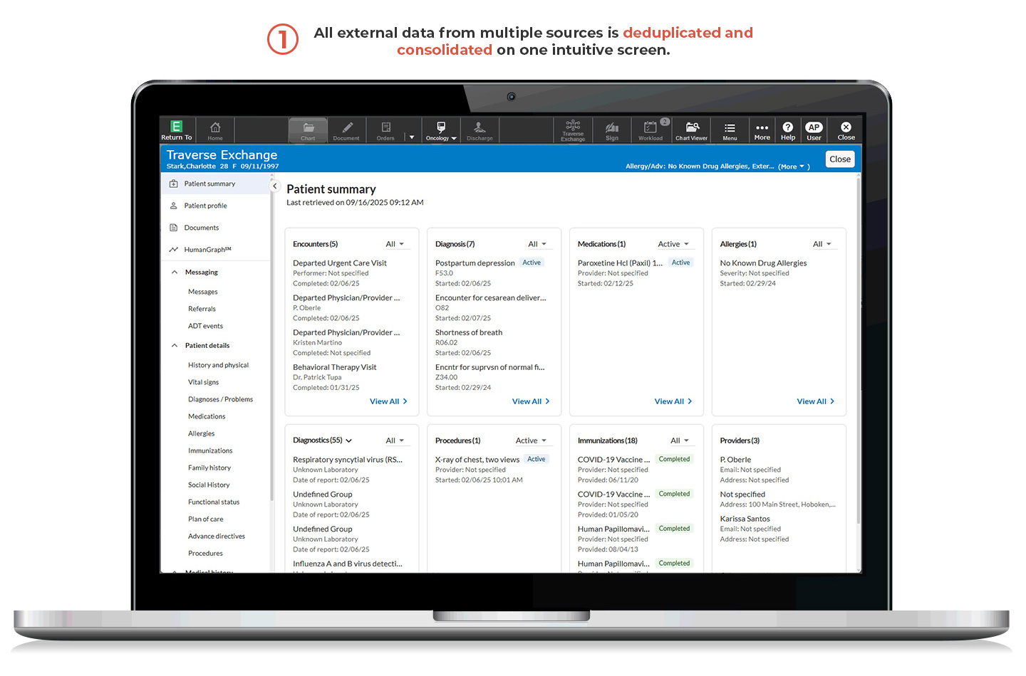 Traverse Exchange Patient Summary screen number 1 - All external data from multiple sources is deduplicated and consolidated on one intuitive screen