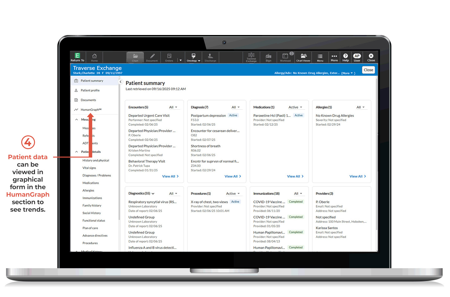 Traverse Exchange Patient Summary screen number 4 - Patient data can be viewed in graphical form in the HumanGraph section to see trends