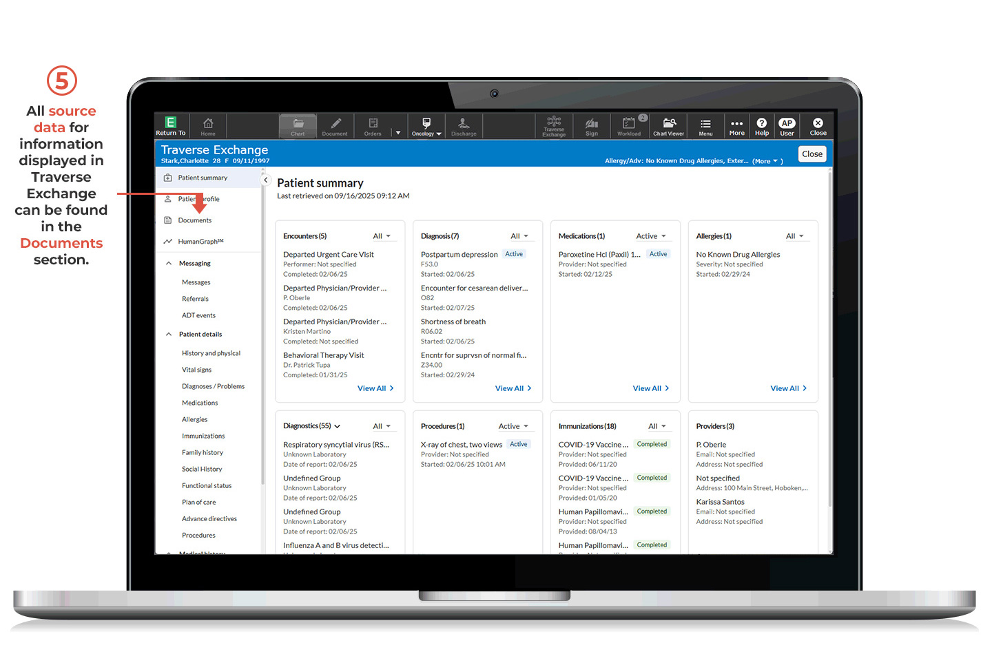 Traverse Exchange Patient Summary screen number 5 - All source data for information displayed in Traverse Exchange can be found in the Documents section