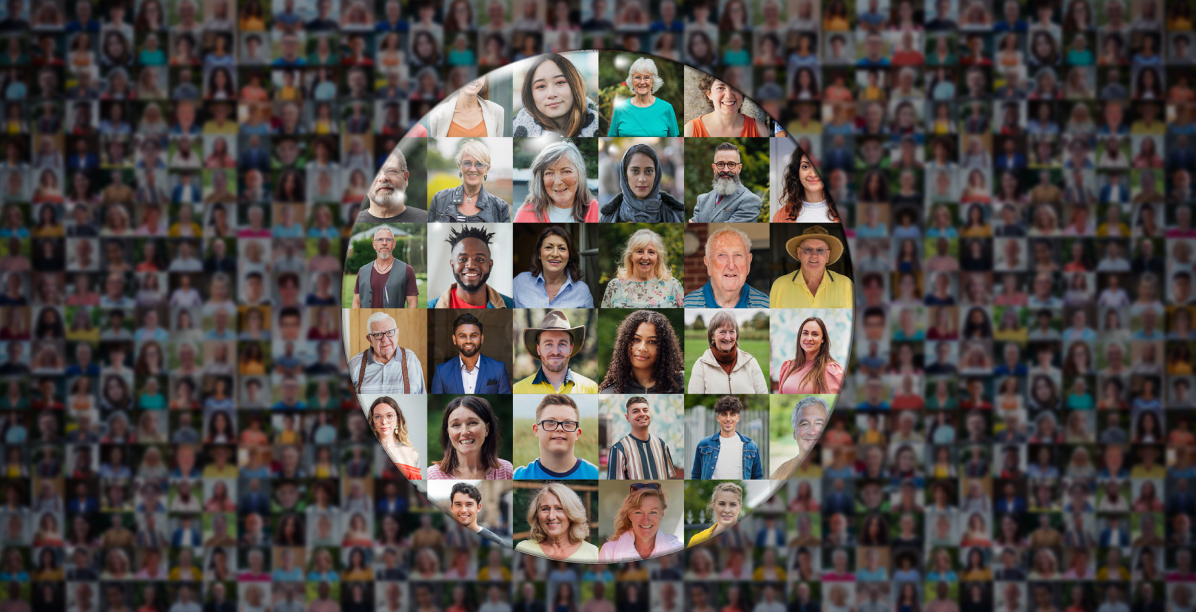 Collage of people with a clear lens centered above