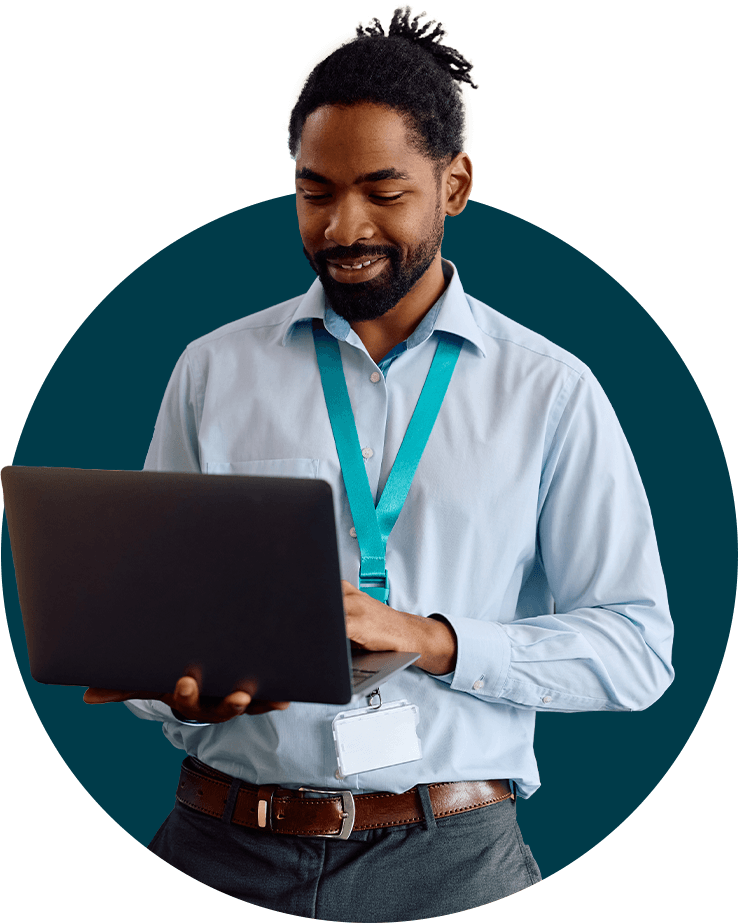 happy young adult man using tablet in a circle