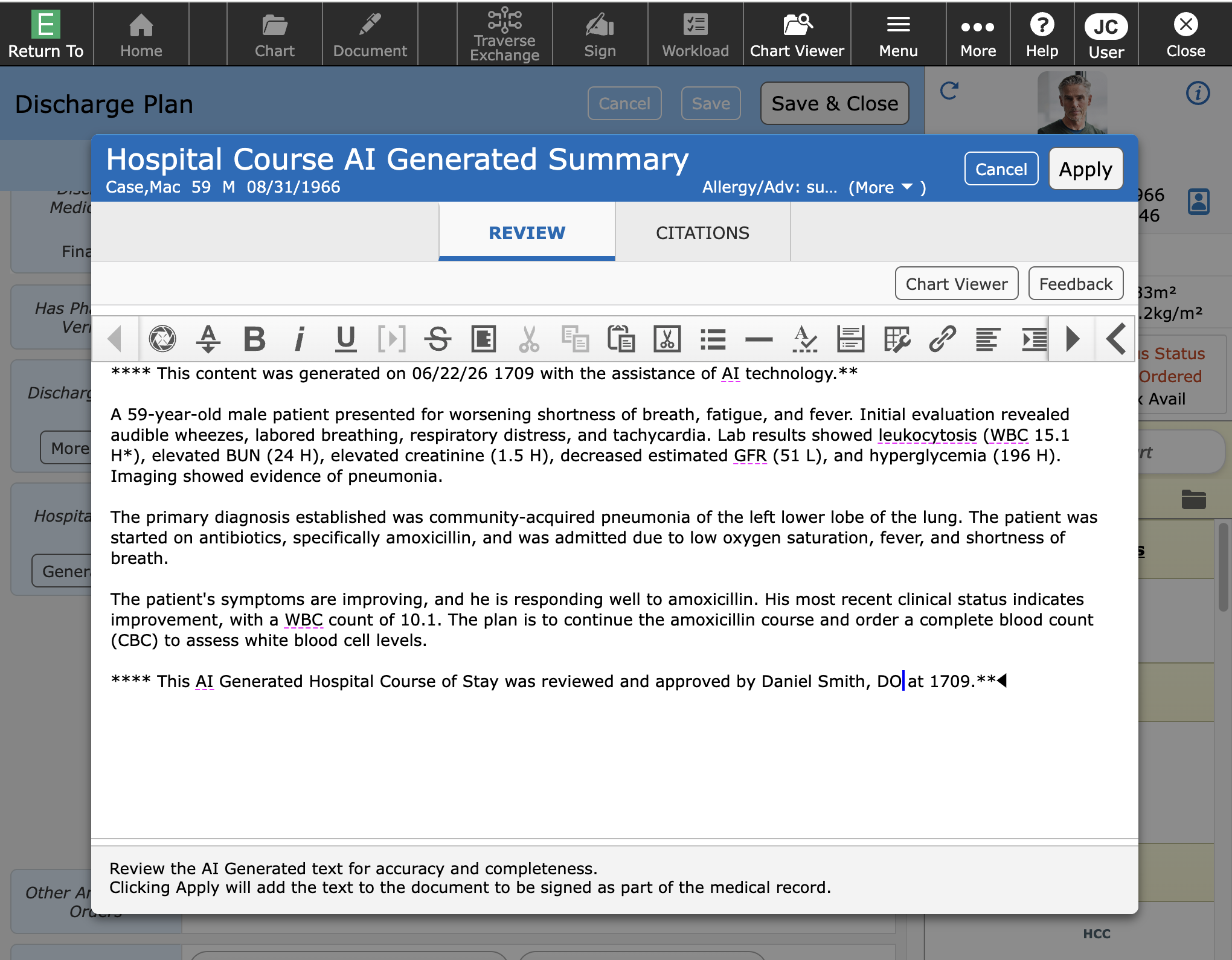 MEDITECH hospital course summary screen shot