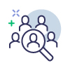 Icon showing a group of people with a magnifying glass