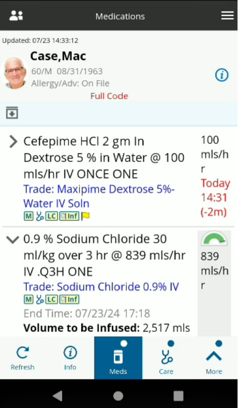 MEDITECH Expanse mobile screen showing patient data
