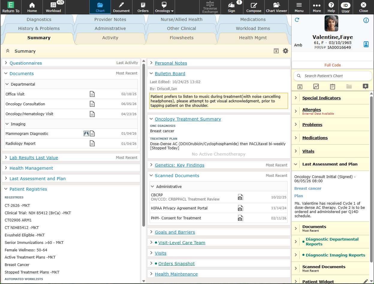 MEDITECH Oncology software screen shot