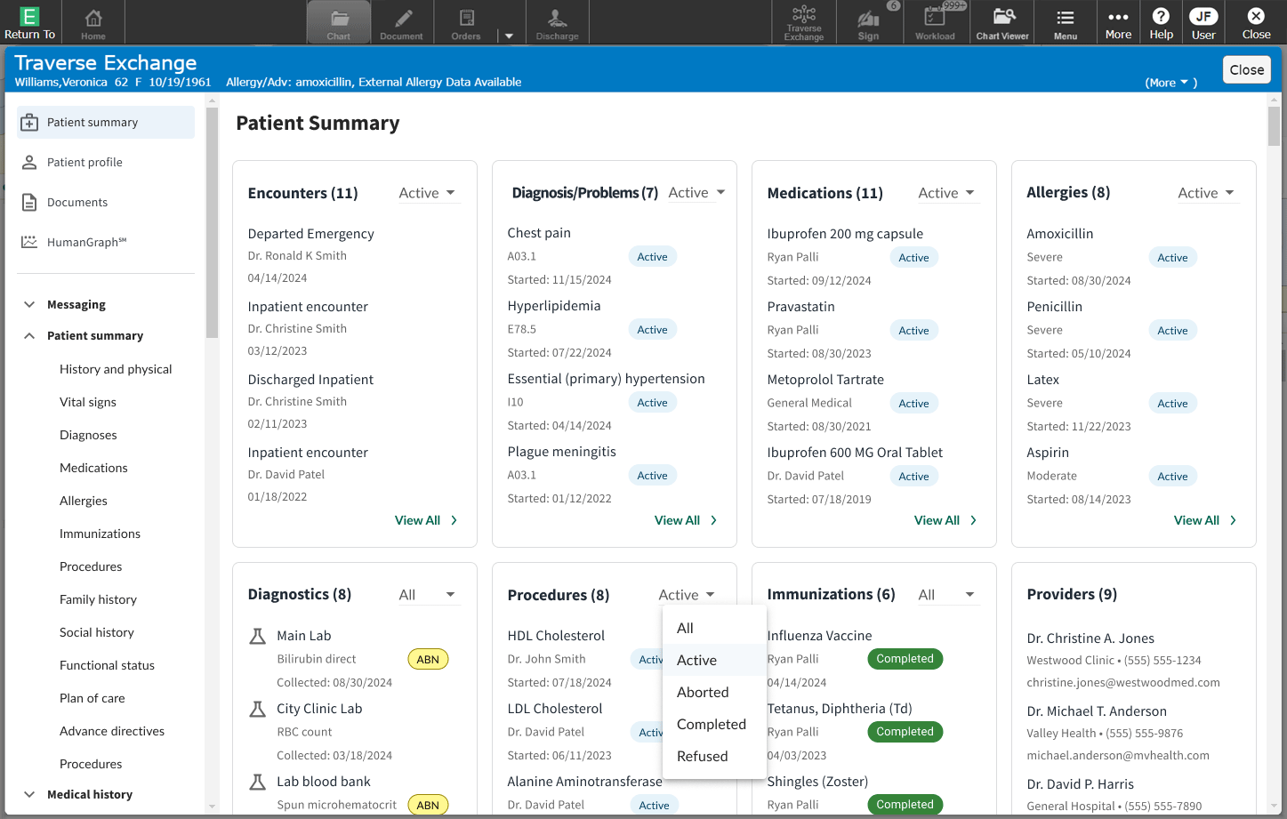 MEDITECH Traverse Exchange Patient Summary screen