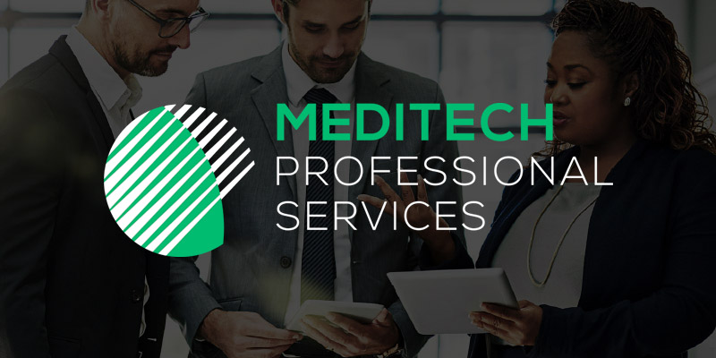 MEDITECH Professional Services logo displayed in front of 3 business people in discussion with tablets.