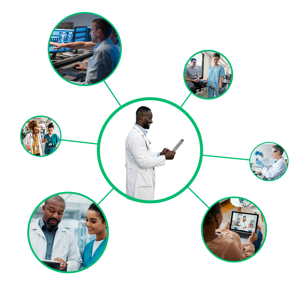 Collage of healthcare providers treating patients in various medical settings